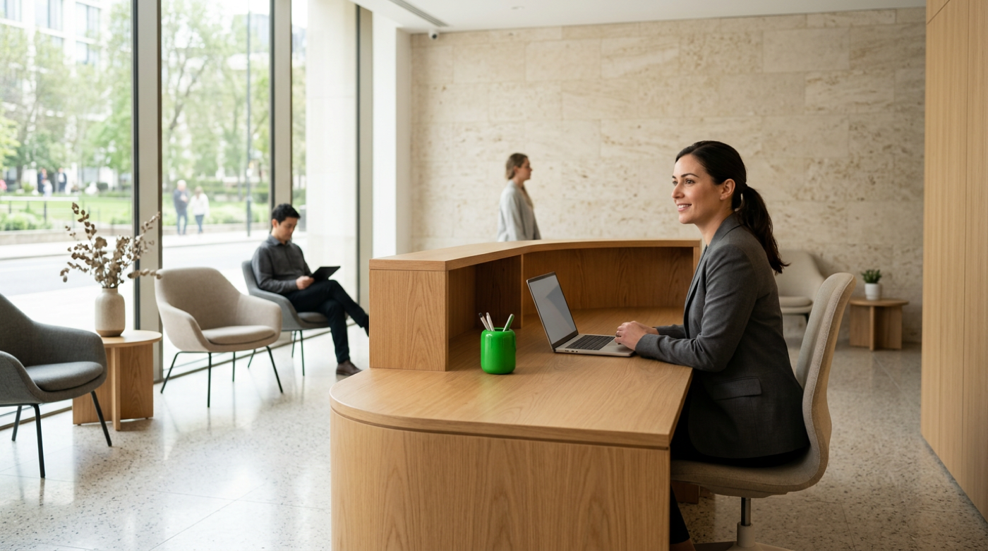 Receptionist works at a practice front desk while a patient waits in a sunlit lobby.
