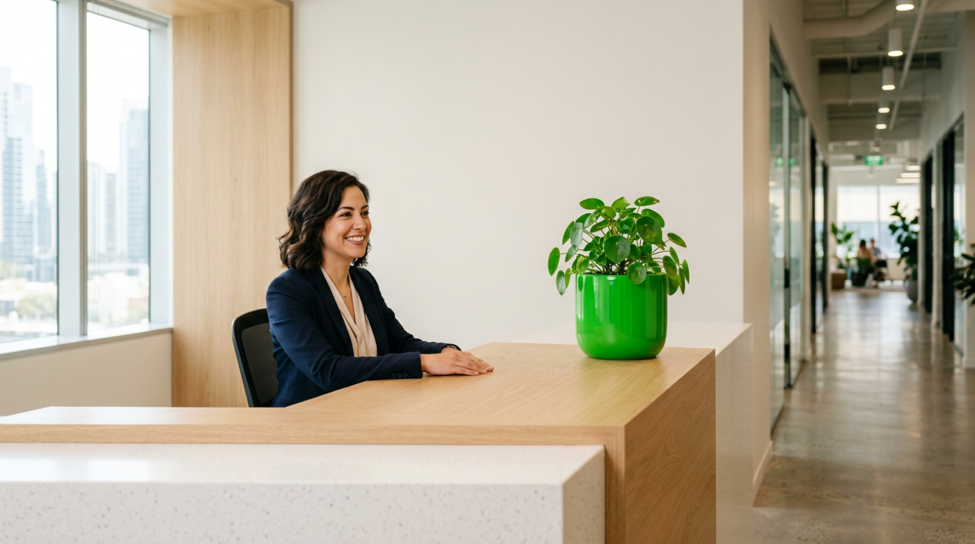 Smiling professional seated at a reception desk with green plant, city skyline through windows.