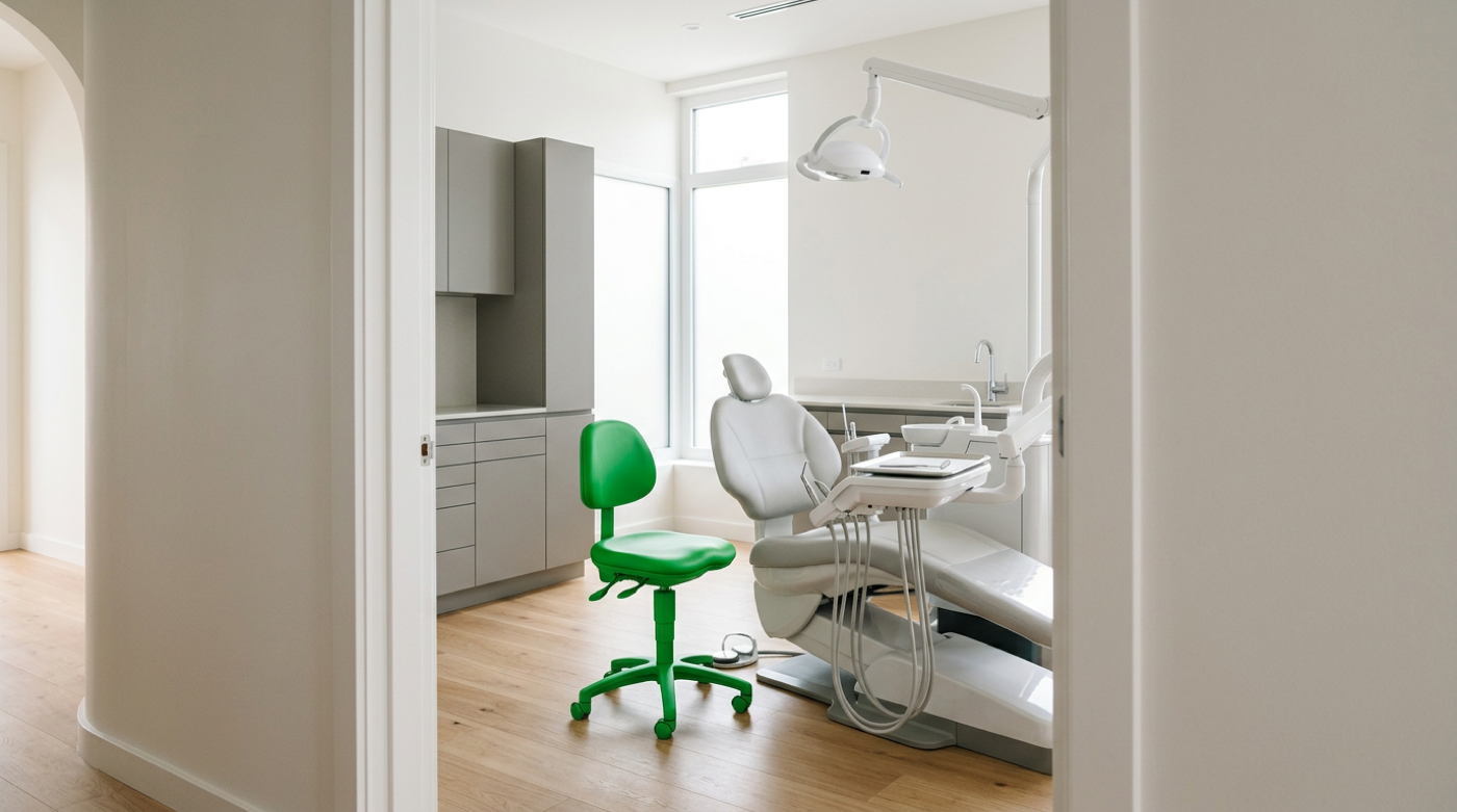 Bright clinical treatment room with a green stool, patient chair and modern medical equipment.