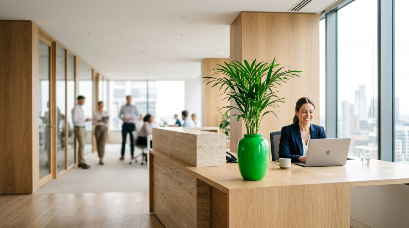 Smiling professional works on a MacBook at a wooden reception desk in a sunlit office.