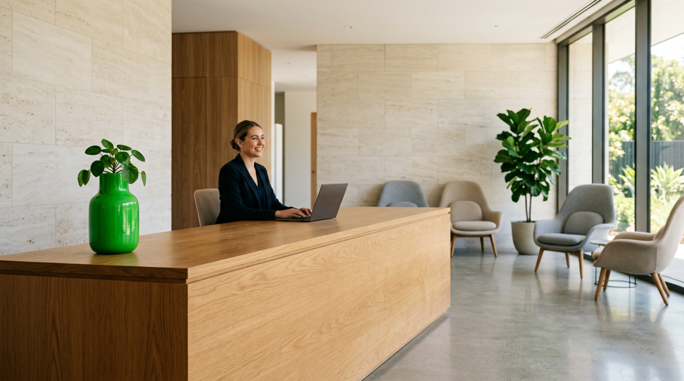 Receptionist in dark blazer types on a laptop at a wooden desk in a sunlit clinic lobby.