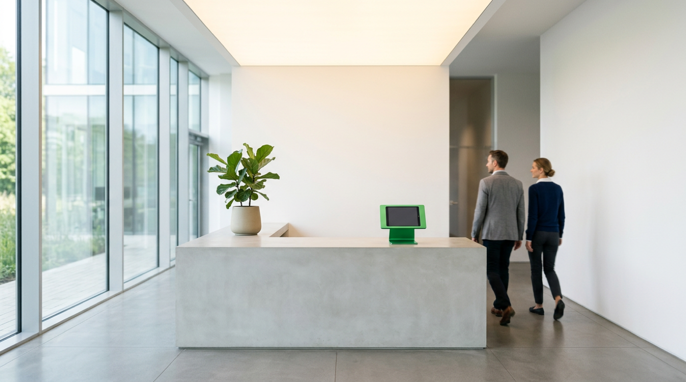 Two colleagues walk past a concrete reception desk with a green tablet kiosk in daylight.