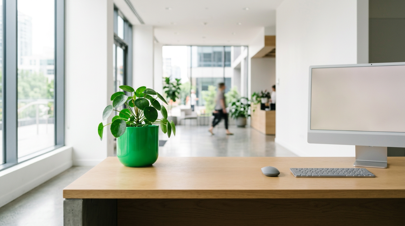 Green potted plant and an iMac on a wooden desk in a bright office lobby.