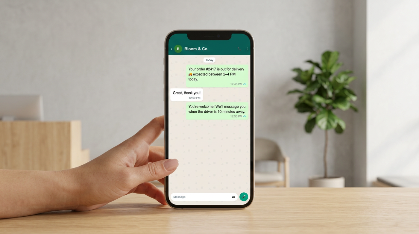 Hand holding a phone showing a WhatsApp delivery-update conversation with Bloom and Co.