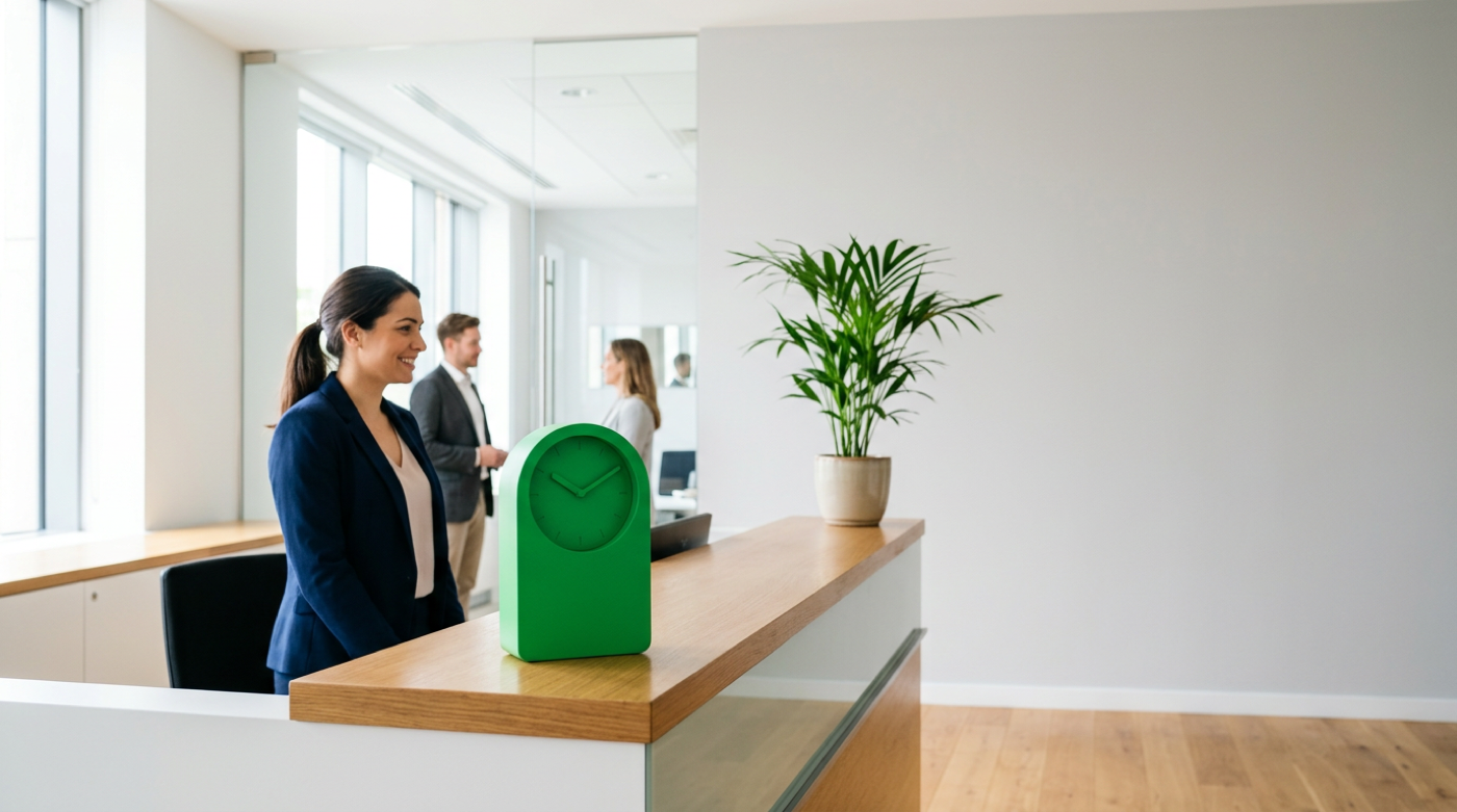 Green clock on a reception counter beside a smiling receptionist in a bright office.