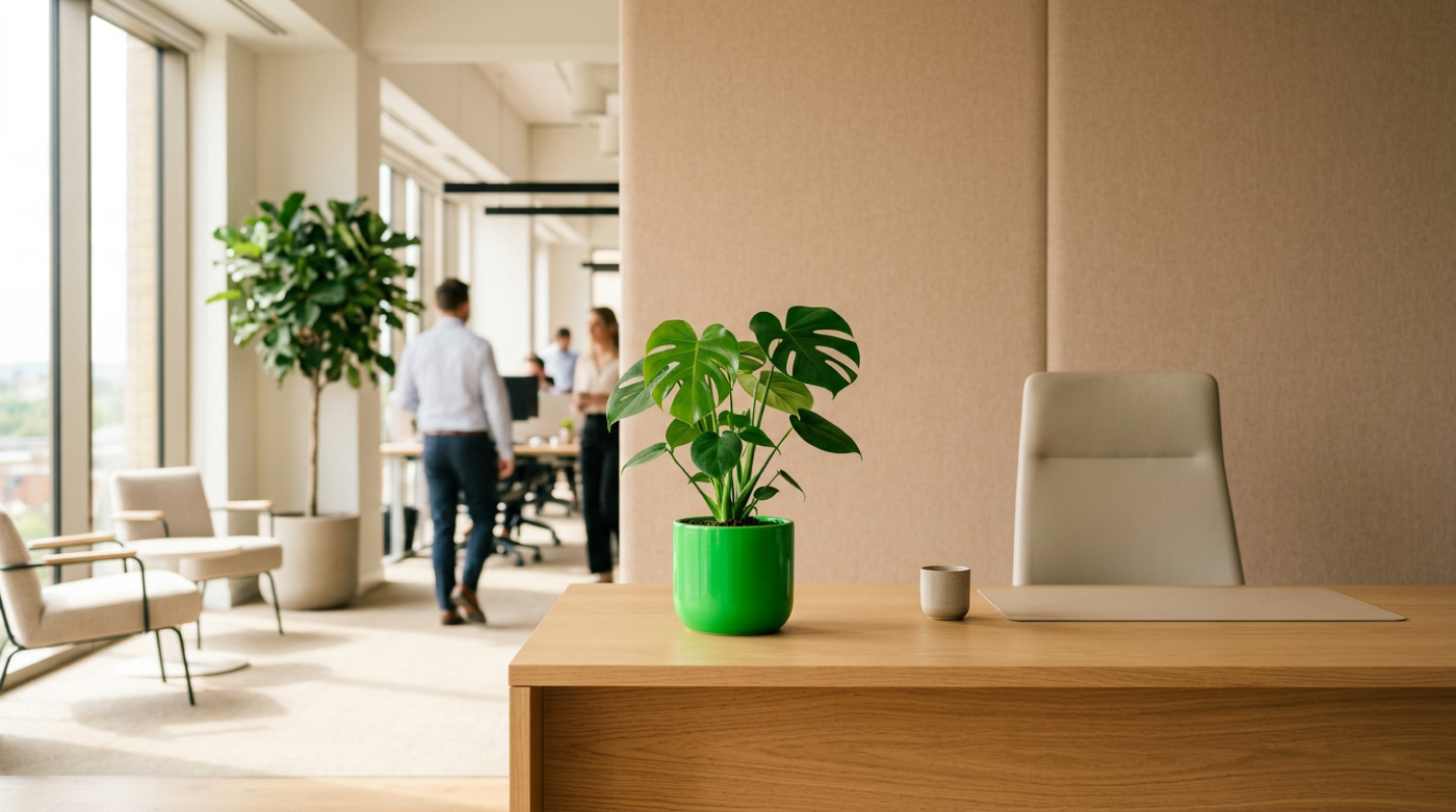 Green potted monstera on a wooden desk in a sunlit office with colleagues beyond.
