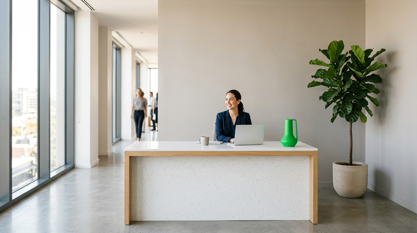 Smiling woman with a laptop at a white desk beside a green pitcher and fig plant.
