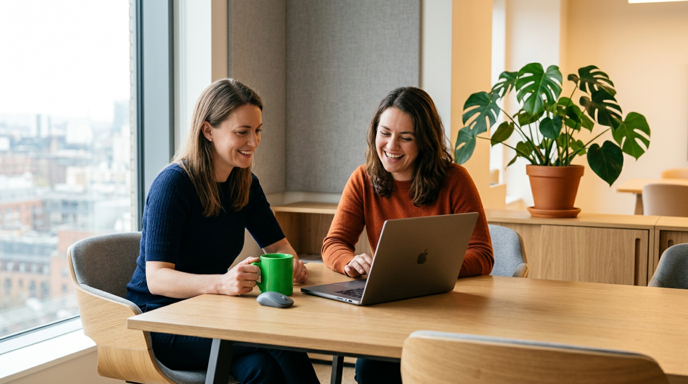 Two colleagues laugh at a laptop in a bright office, one holding a green mug.