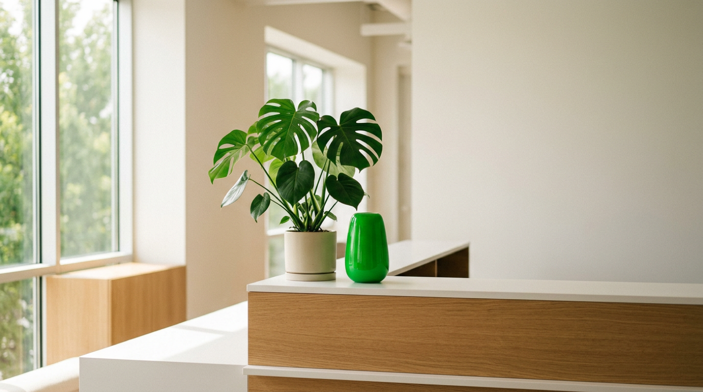 Sunlit office reception desk with a potted monstera plant and glossy green vase