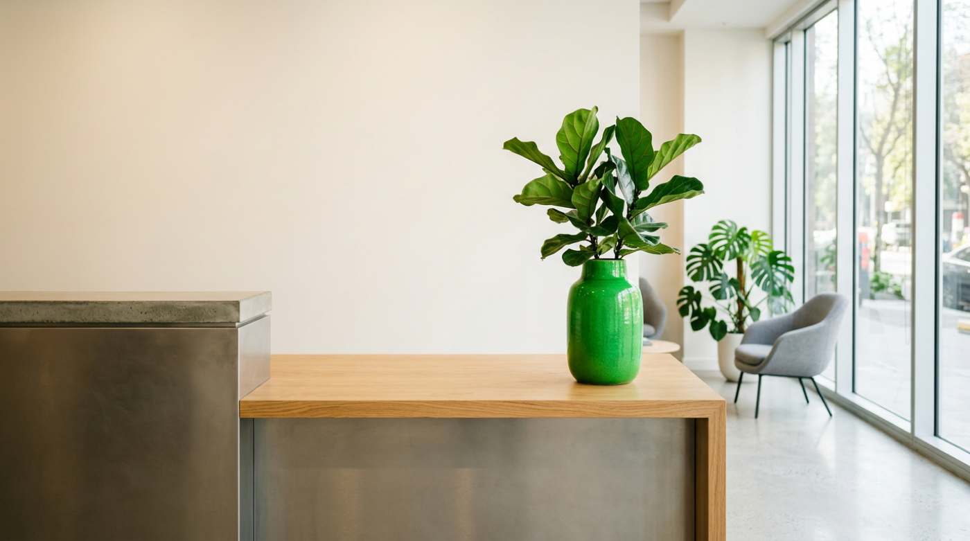 Bright storefront reception with green vase, fiddle-leaf fig plant, and street view through glass