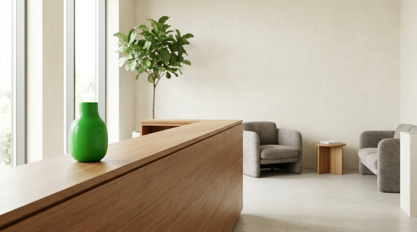 Sunlit practice waiting room with wooden reception desk, green vase, and grey armchairs