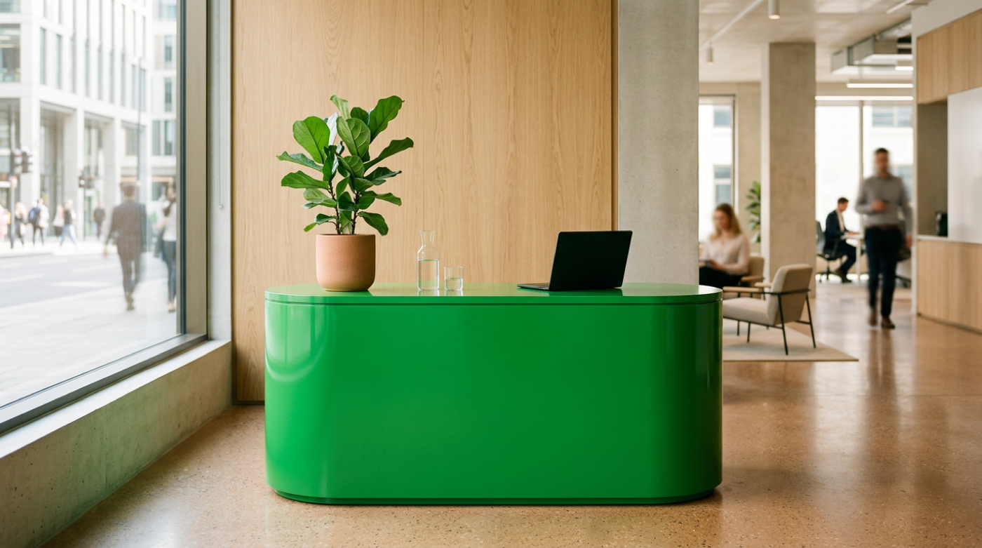Glossy green reception desk with laptop and plant in a bright open office