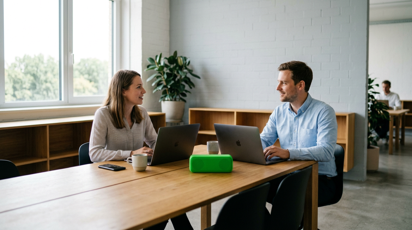 Two colleagues talk over laptops at a wooden table with a green speaker
