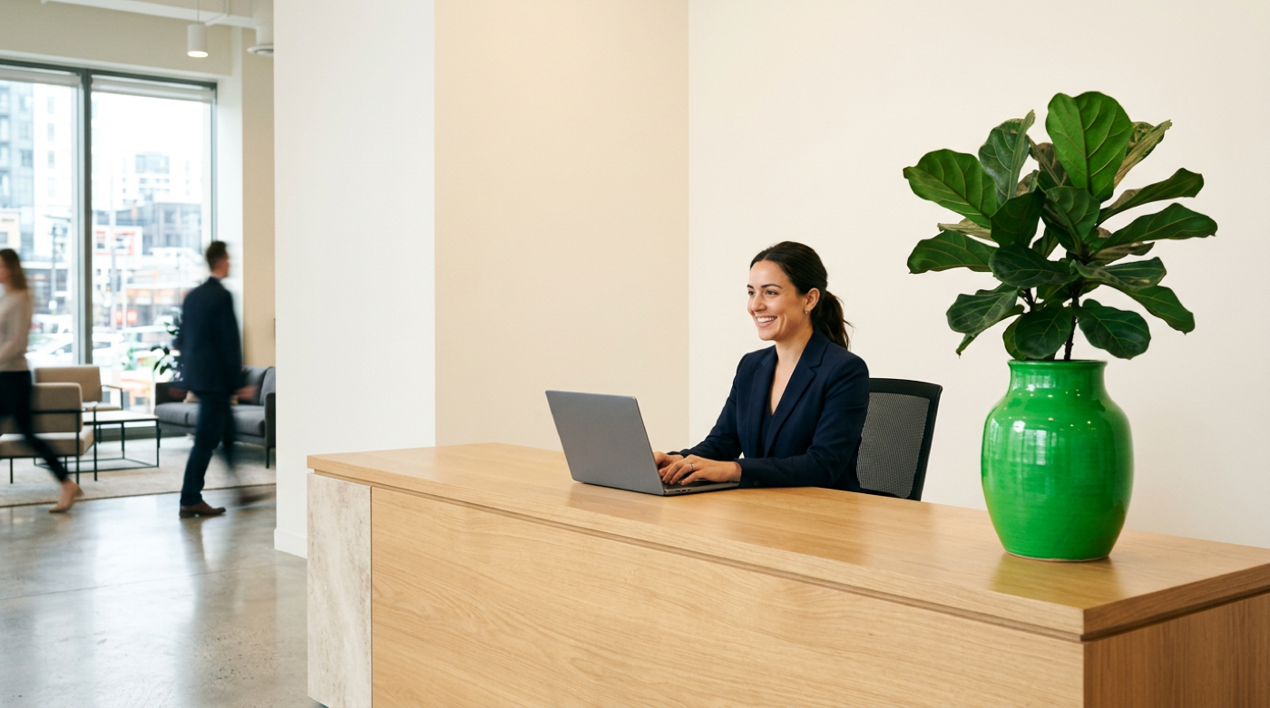 Smiling receptionist in navy blazer types at a wooden desk beside a large green vase