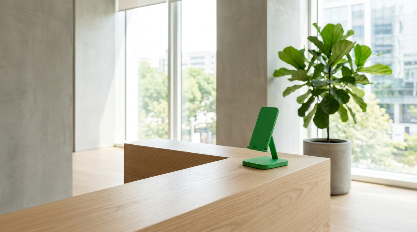Empty green phone stand on a wooden counter beside a fiddle-leaf fig in sunlight