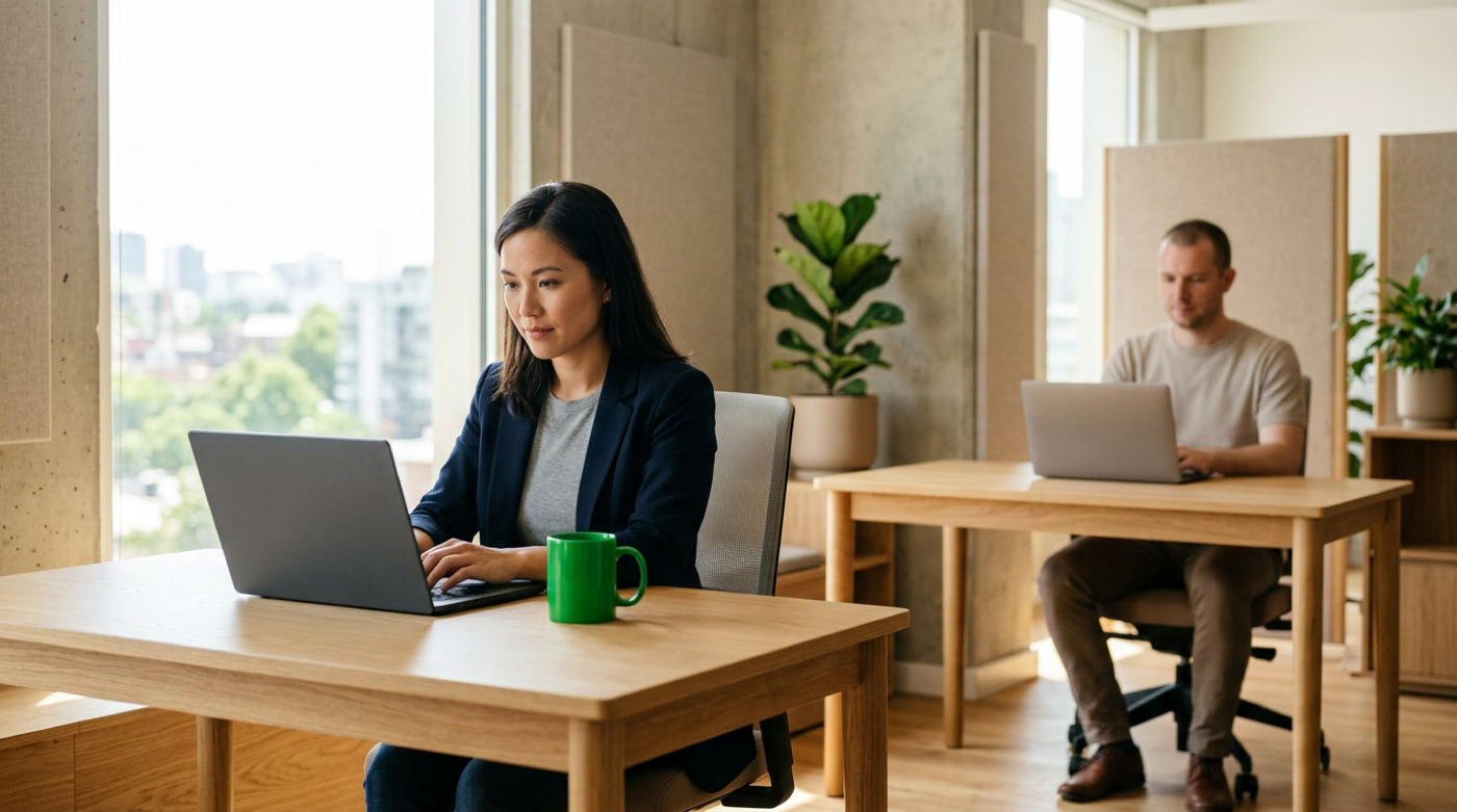 Woman types on laptop with green mug while a colleague works at desk behind