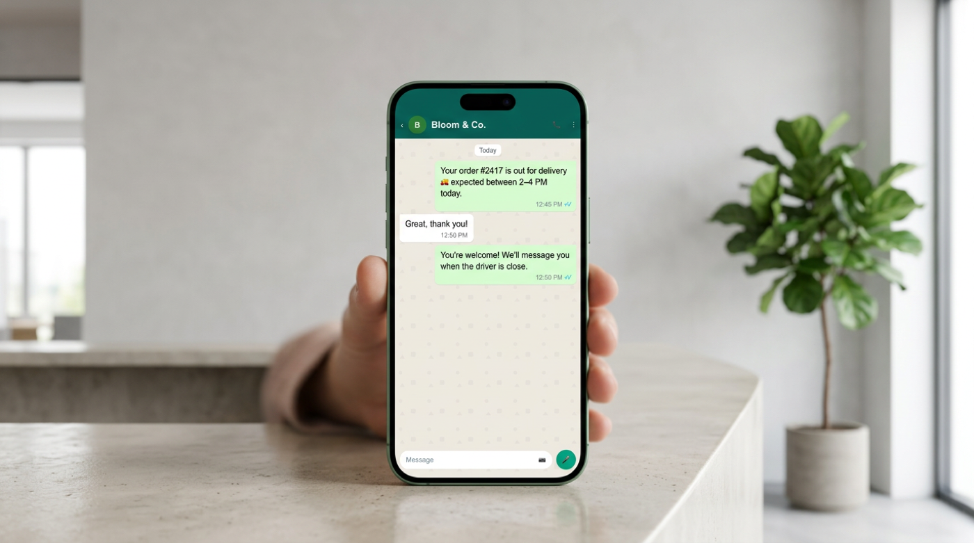 Phone in bright office showing WhatsApp business chatbot sending automated order delivery updates