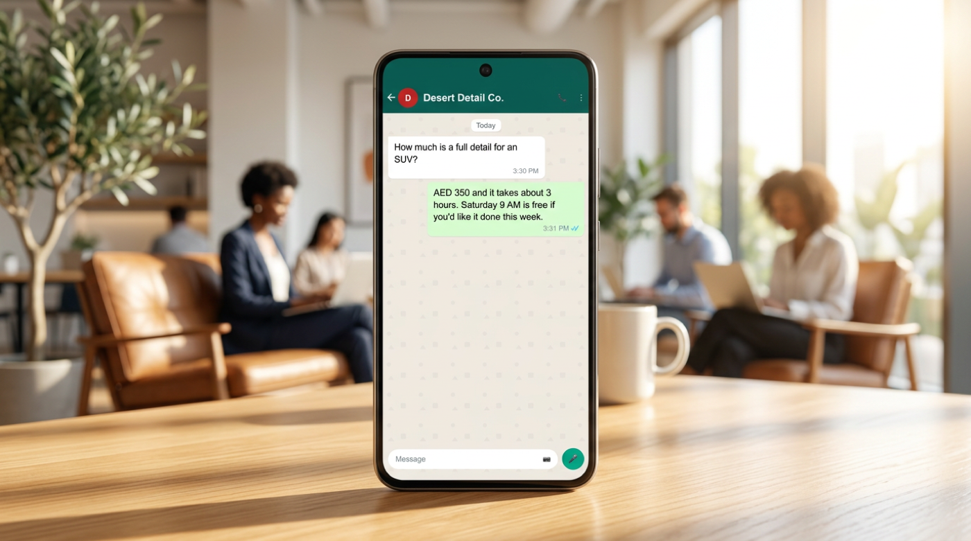 AI agent instantly quotes AED price in WhatsApp chat inside bright UAE office