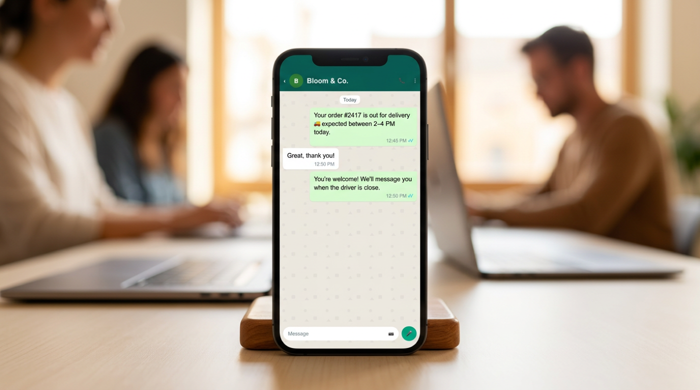 WhatsApp chat with blue read receipts on desk stand beside busy laptop workers