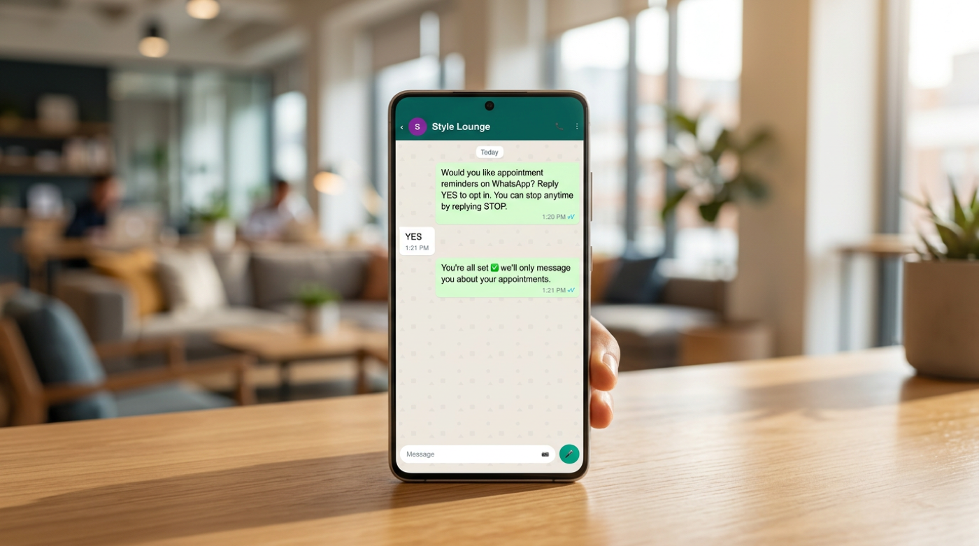 Hand holds phone displaying WhatsApp opt-in and STOP consent flow in bright workspace