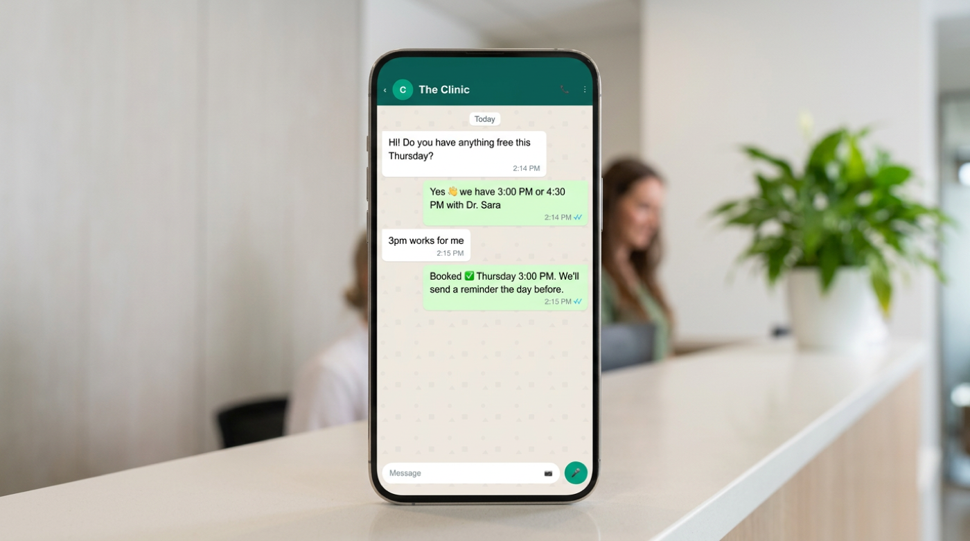 Clinic reception phone chat shows AI offering appointment time choices and confirming booking