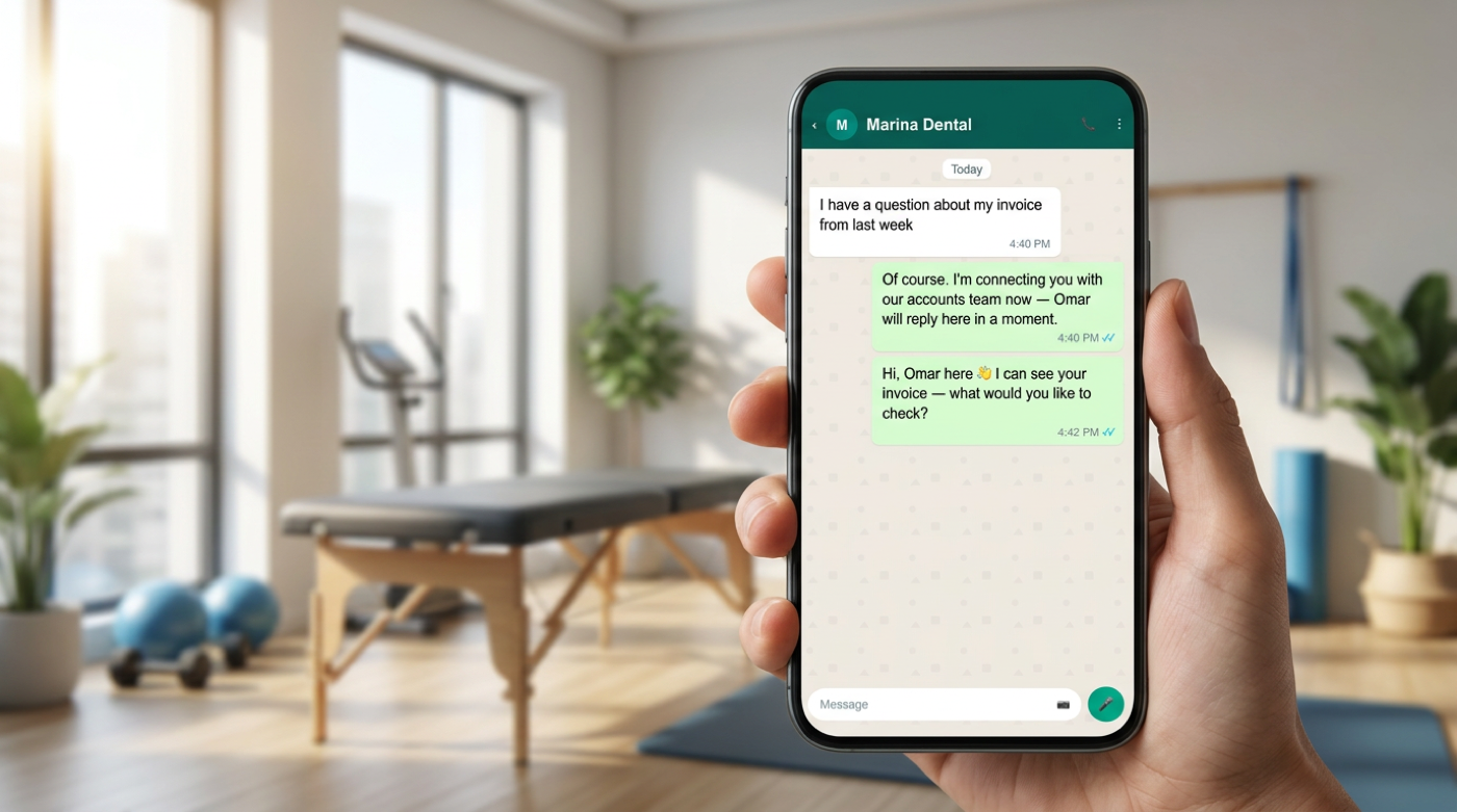 Phone chat showing AI receptionist escalating a query to a named human colleague