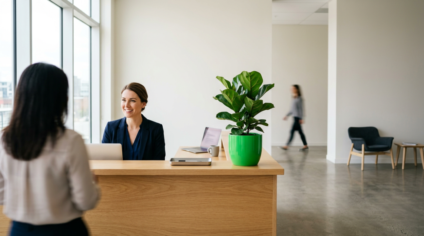 Smiling service professional welcomes a client across a bright wooden reception desk in daylight