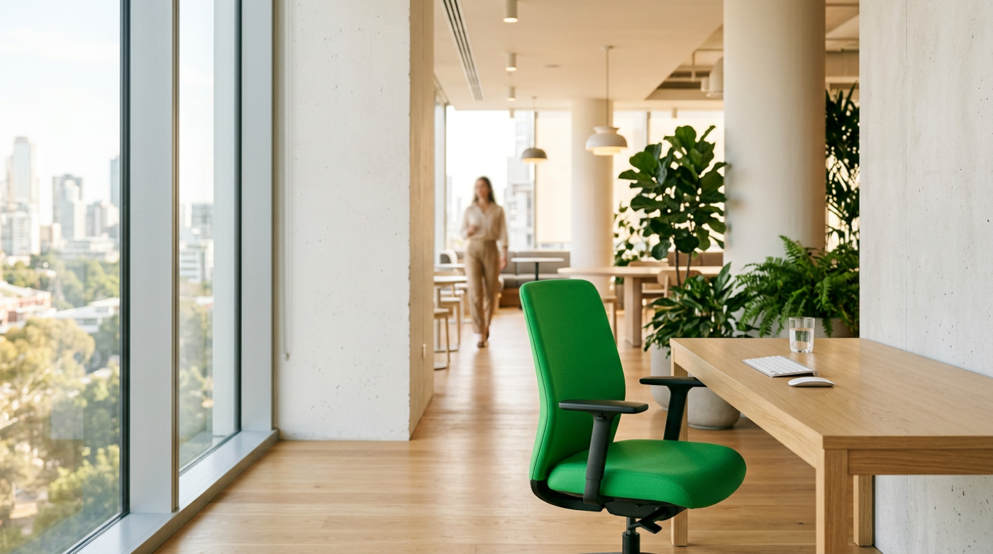 Calm sunlit office with an empty green chair and tidy desk overlooking the city