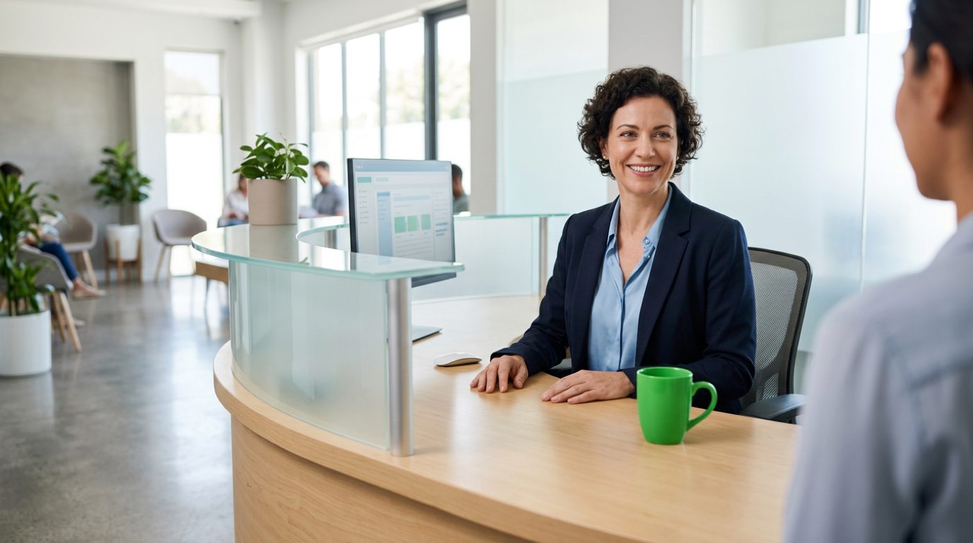 Warm receptionist greets a client at a calm sunlit mental health practice desk