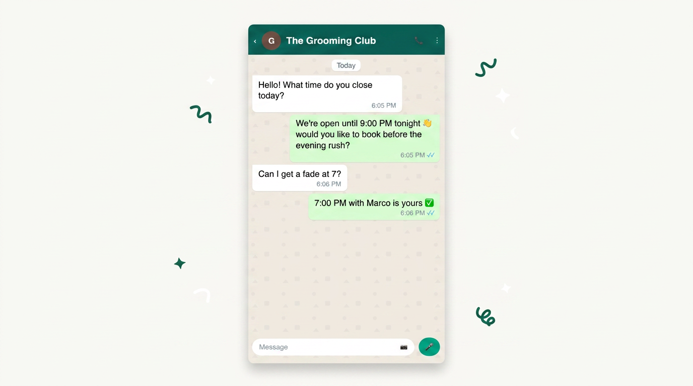 WhatsApp chat screenshot card, grooming club booking, cream background, green accents