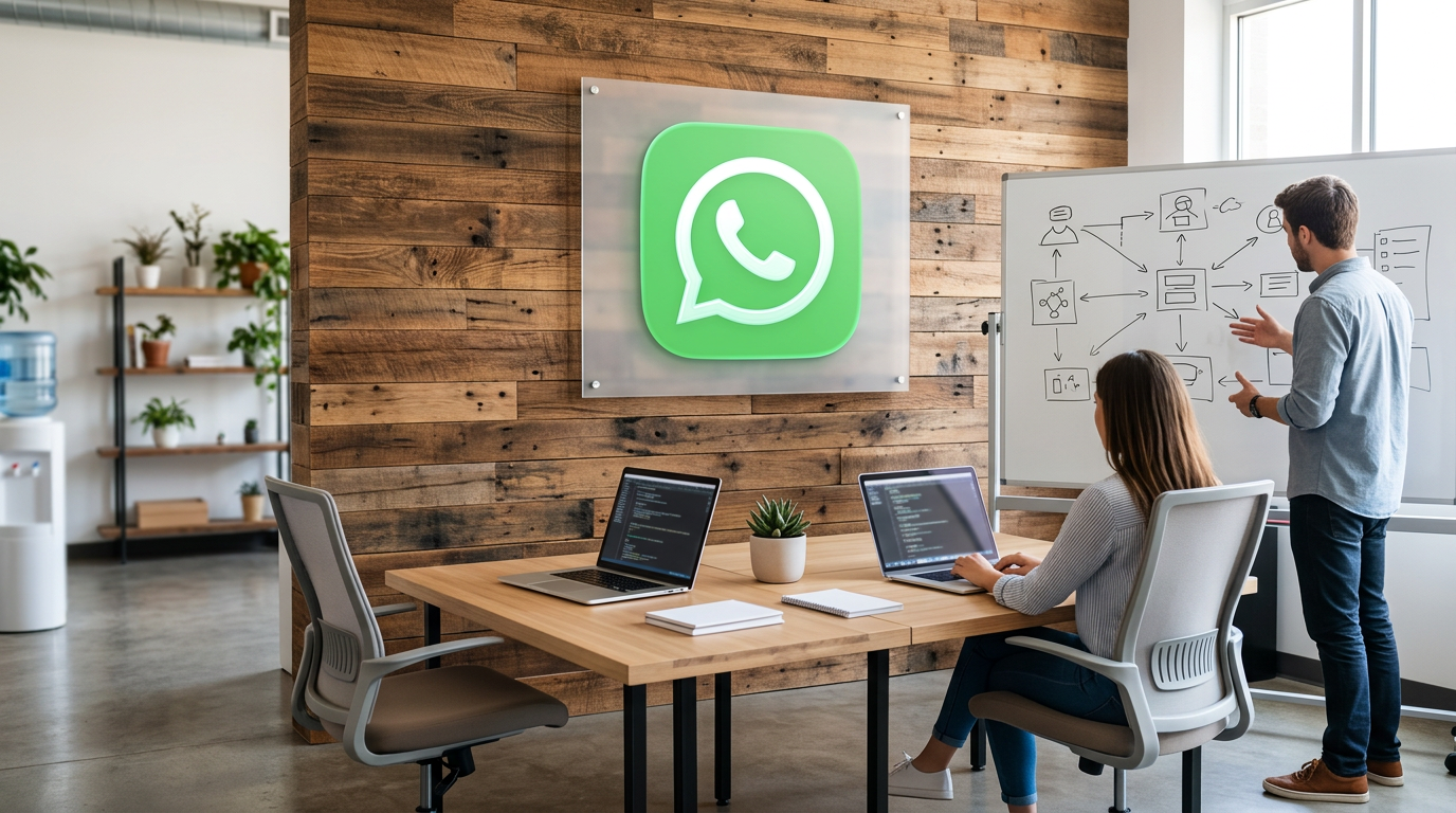 Office meeting room, WhatsApp logo plaque on wood wall, laptops, whiteboard diagram, daylight