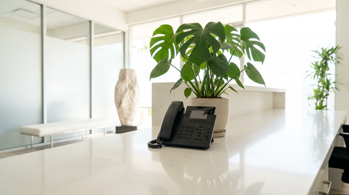 Black office desk phone beside monstera plant on white marble reception counter, bright daylight