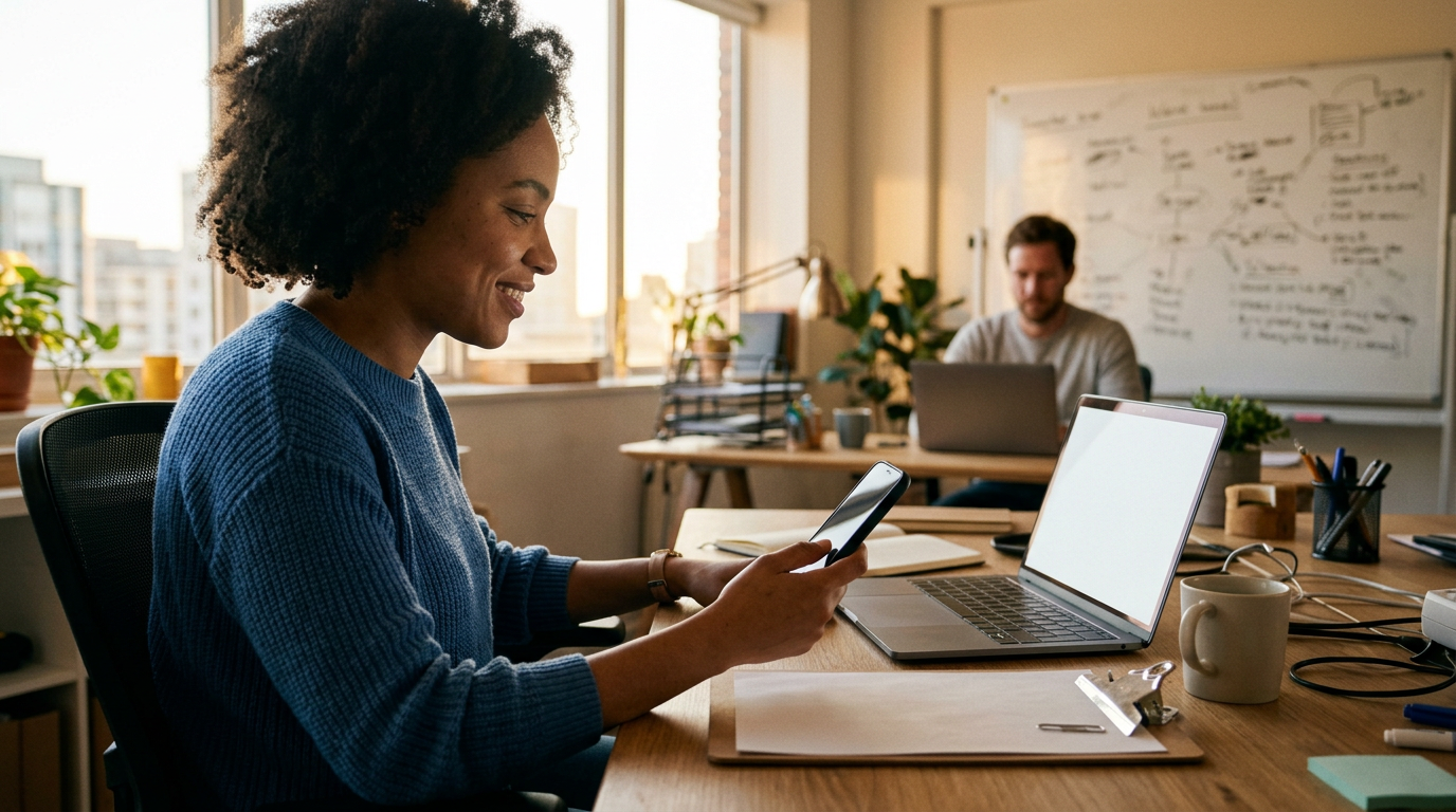 Woman in blue sweater checking phone at desk, bright sunlit office