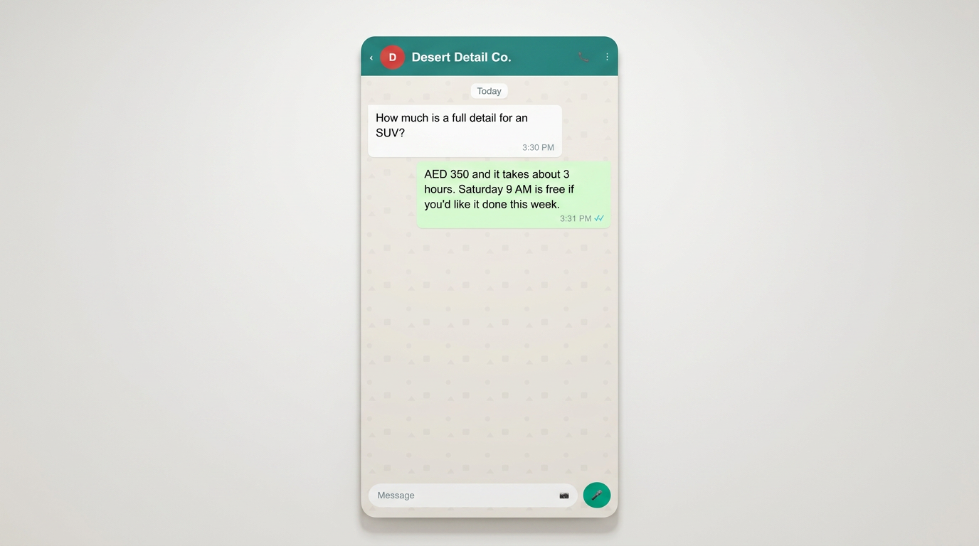 WhatsApp chat screenshot, SUV detailing price quote, cream card, teal header