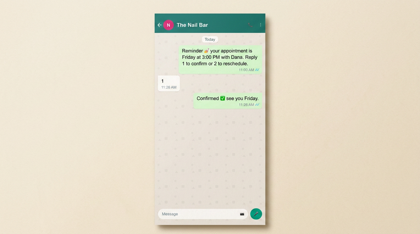 WhatsApp chat screenshot card, nail salon appointment reminder, cream background, green bubbles