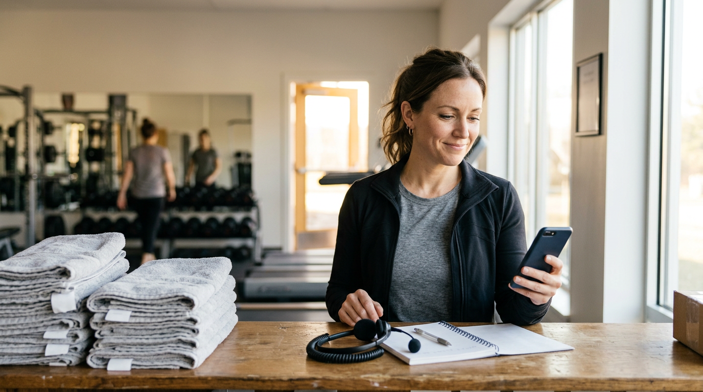 Woman at gym front desk checking phone, folded towels, headset, bright daylight