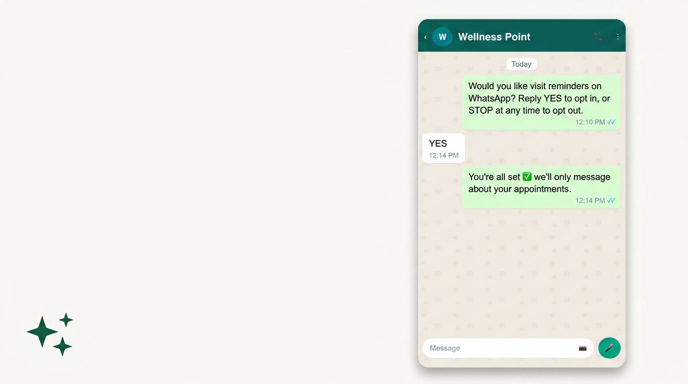 WhatsApp opt-in chat screenshot card, wellness clinic, cream background, green bubbles