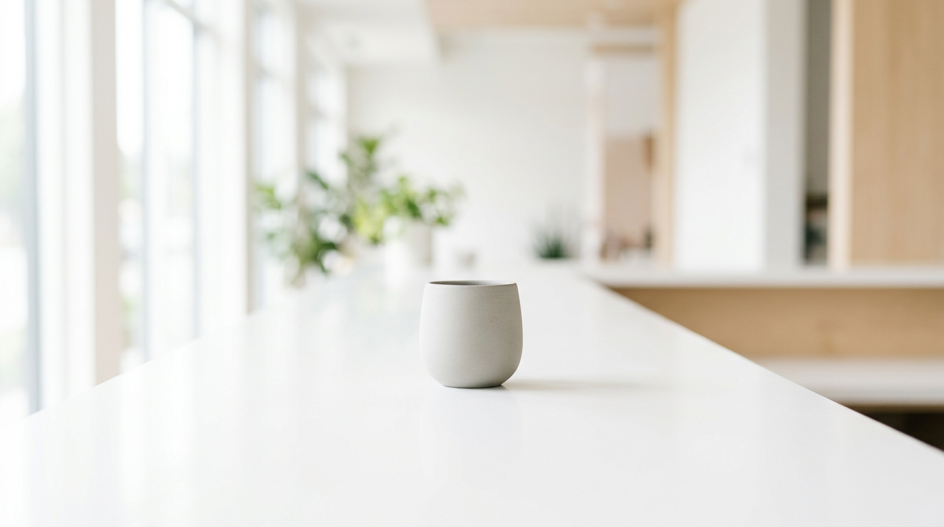 Single gray ceramic cup on white counter, blurred bright office hallway