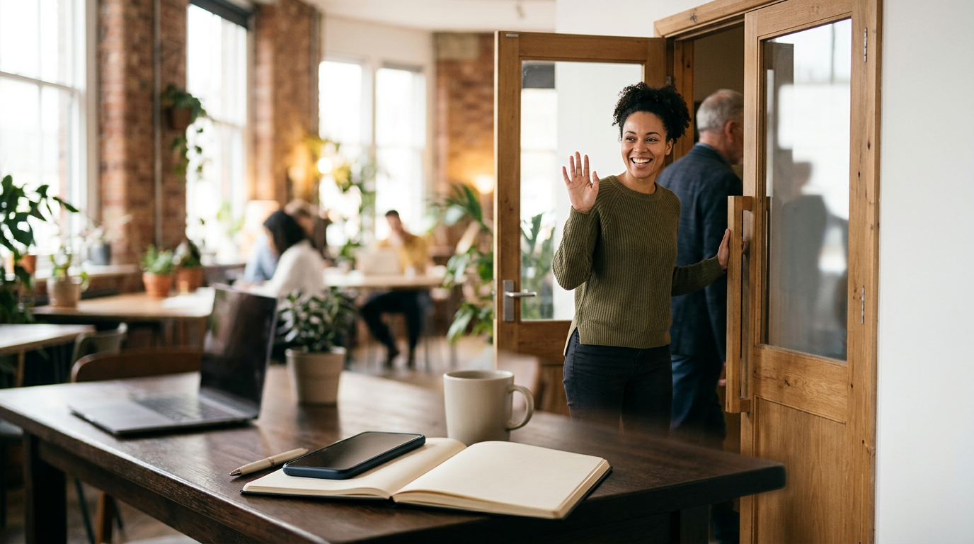 Woman waving entering bright brick-walled coworking office, phone face-down on desk