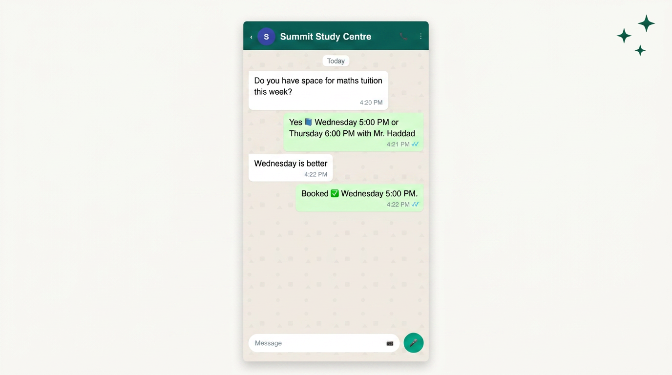 WhatsApp chat screenshot, tuition booking, cream card, green header and bubbles