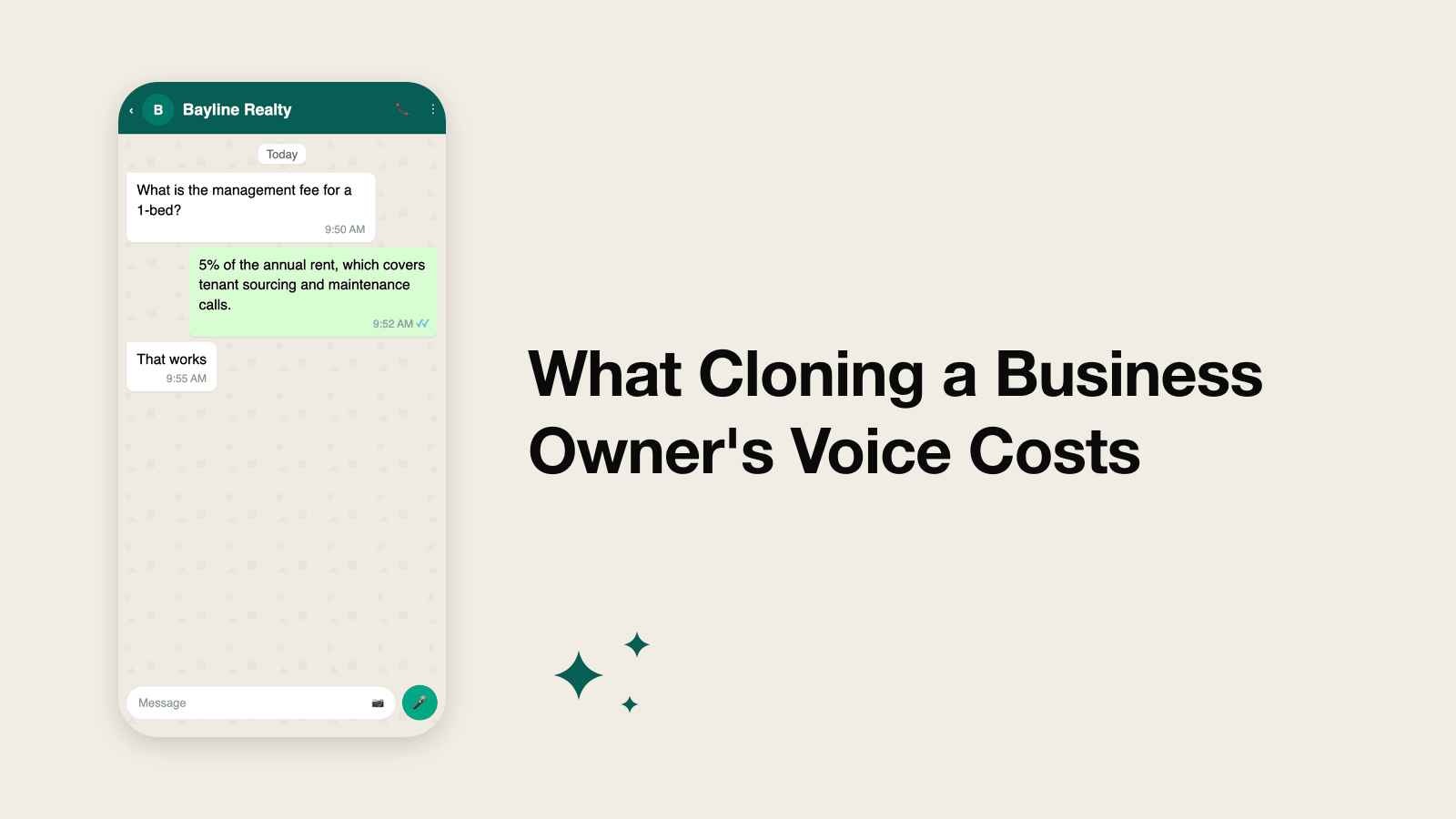 pricing conversation on WhatsApp with a real estate business, illustrating What Cloning a Business Owner's Voice Costs