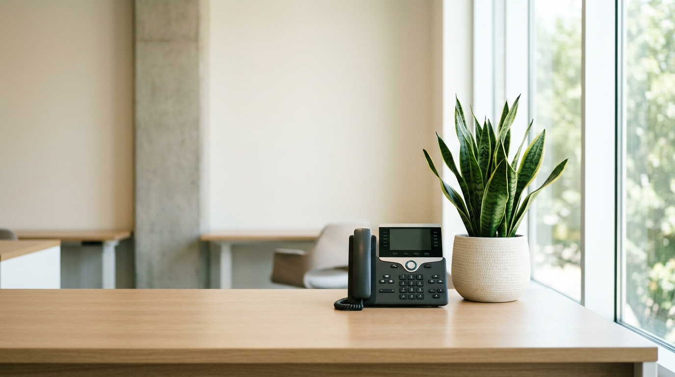 Black office desk phone beside snake plant on wooden desk, bright window light