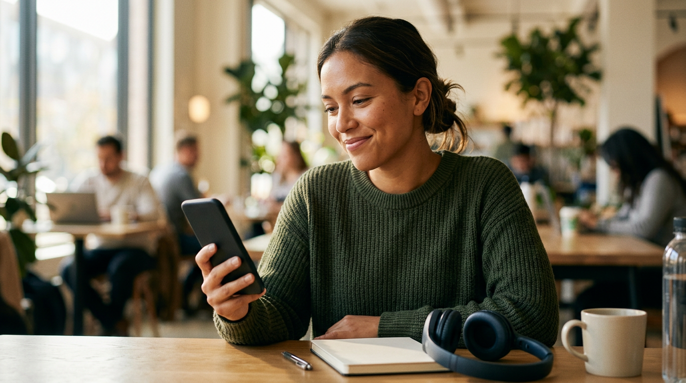 Woman in green sweater smiling at phone in sunny cafe