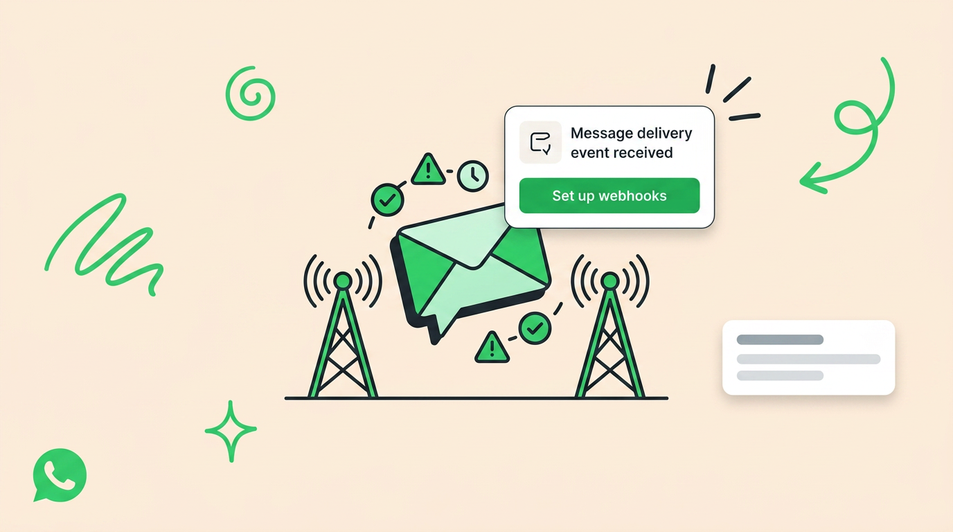 [wa-graphic] Two green signal towers flank an envelope icon with status chips, notification callout card, cream background, doodles