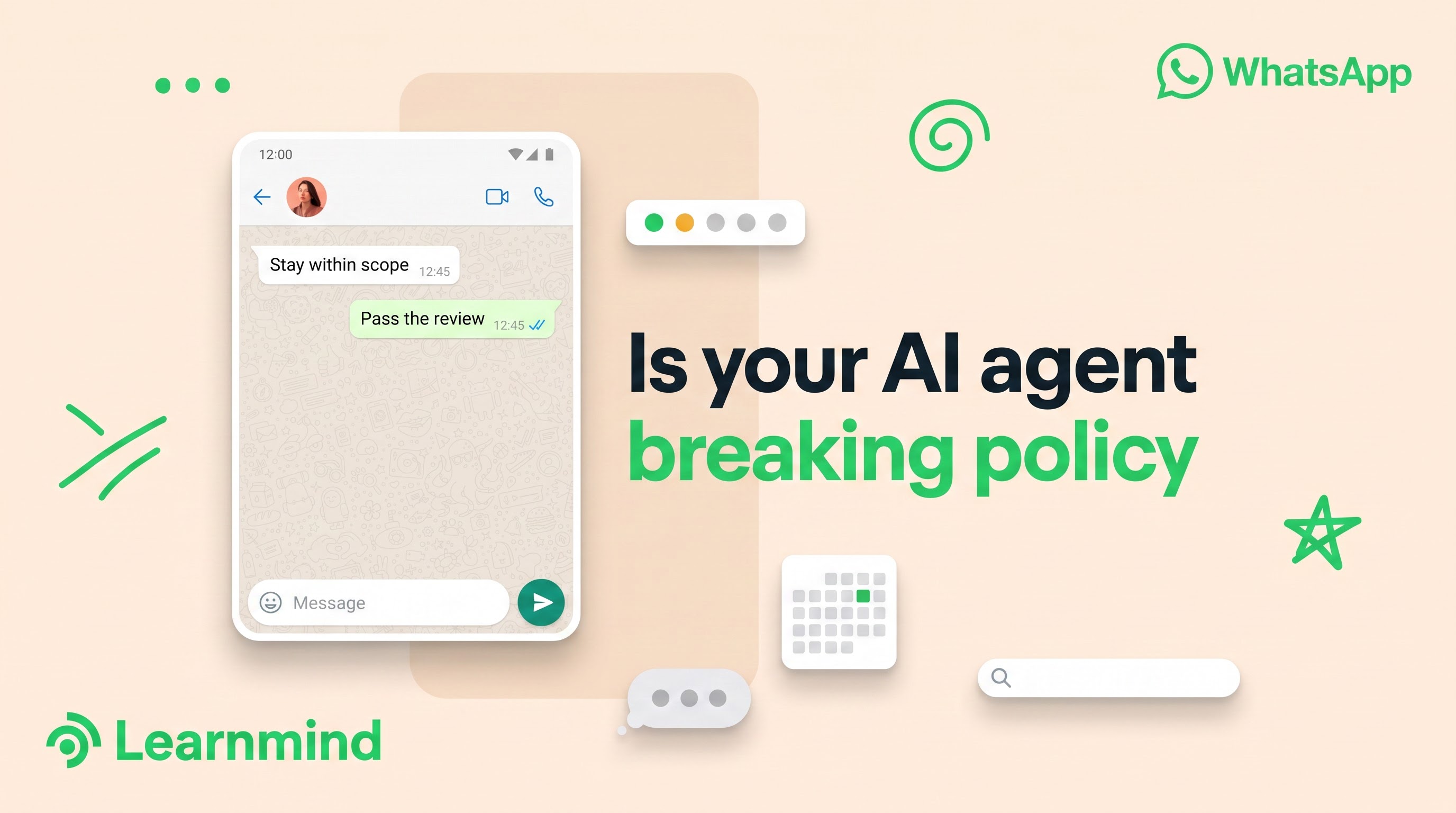 [wa-graphic] Phone chat screenshot, headline, calendar and search chips, cream background, green doodles