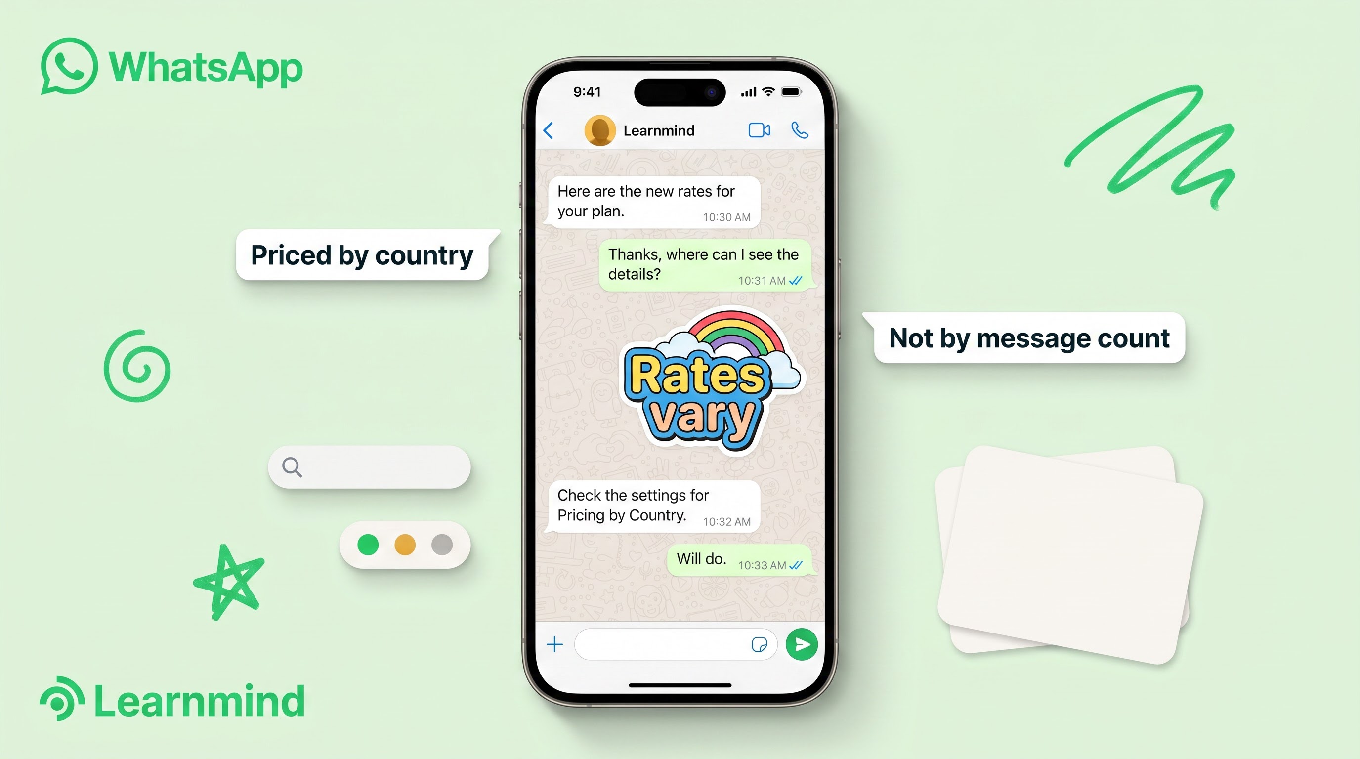 [wa-graphic] Phone showing WhatsApp chat about rates, flanked by callout chips, doodles, mint background