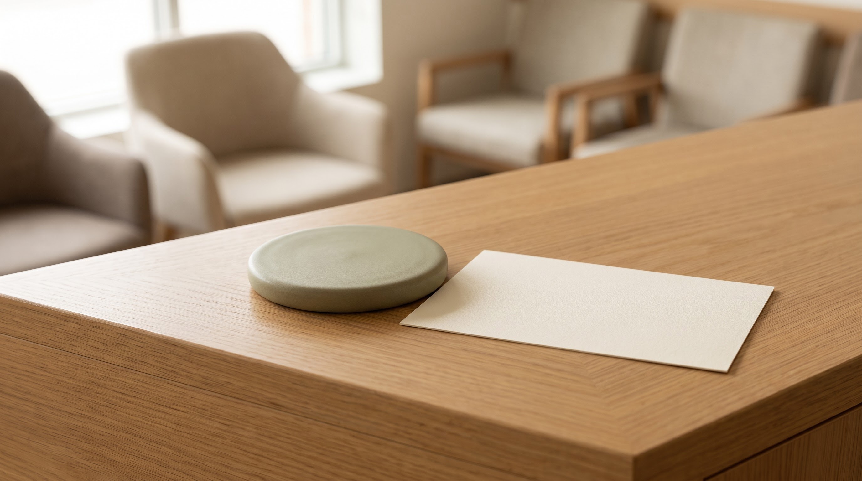Green ceramic dish, blank cream card, wood desk, blurred lounge chairs