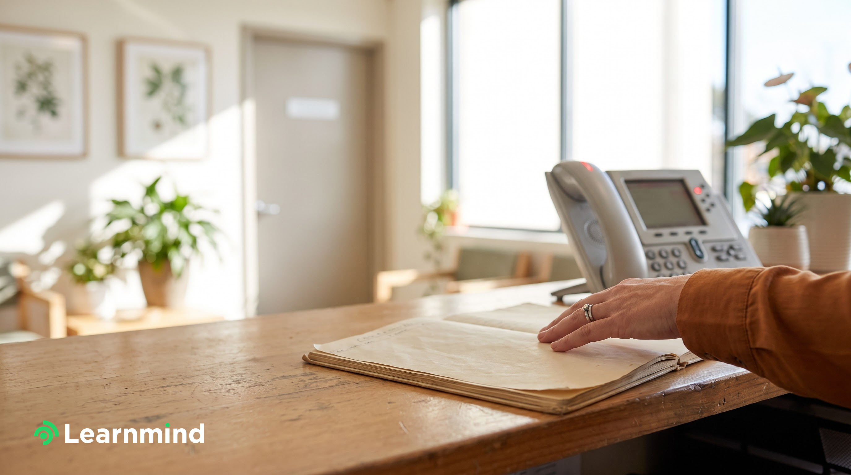 Sunlit reception counter, hand on open logbook, desk phone, plants, wood tones