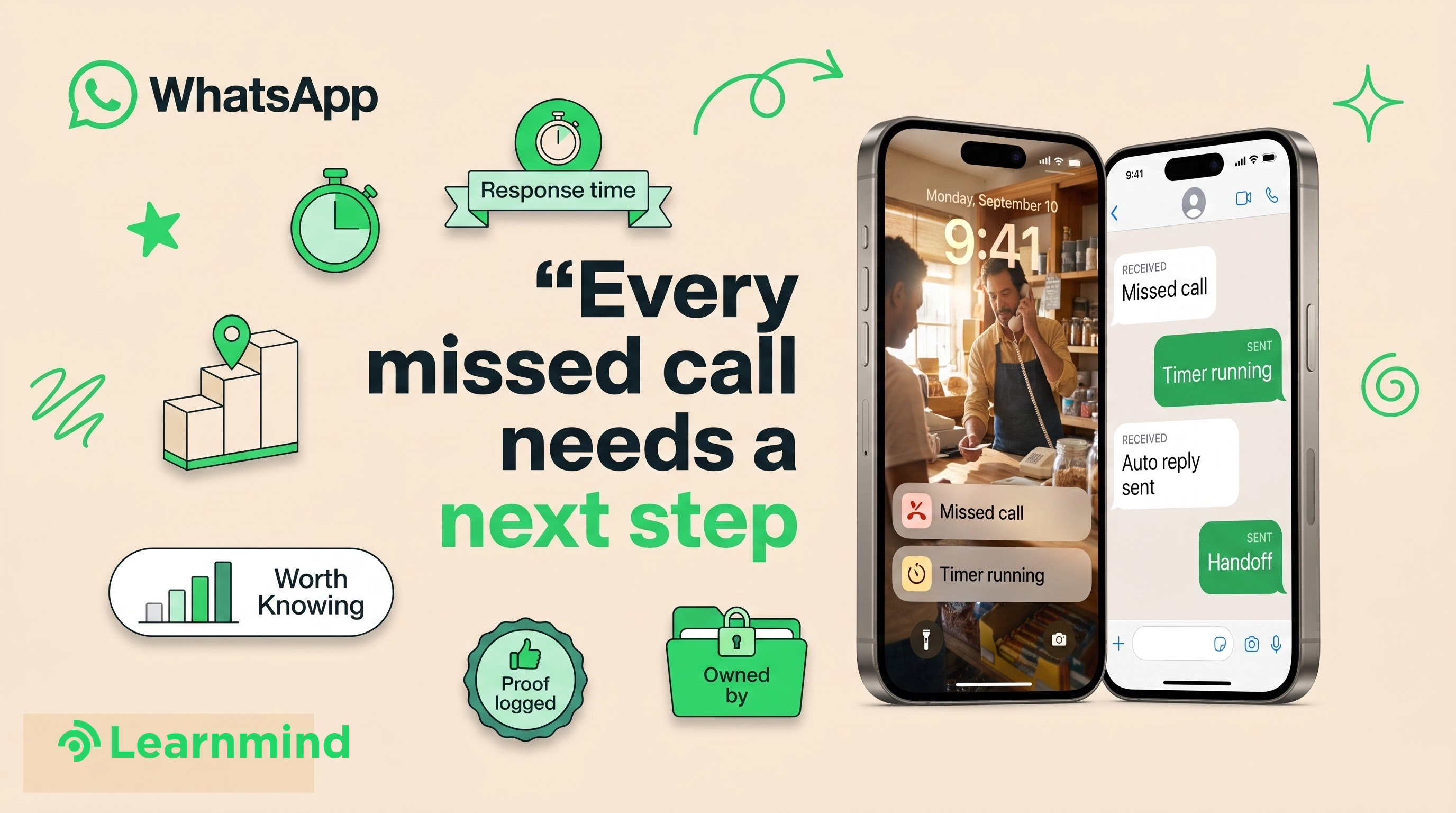 Two phones, shop-owner photo and chat thread, cream ground, green chips and doodles