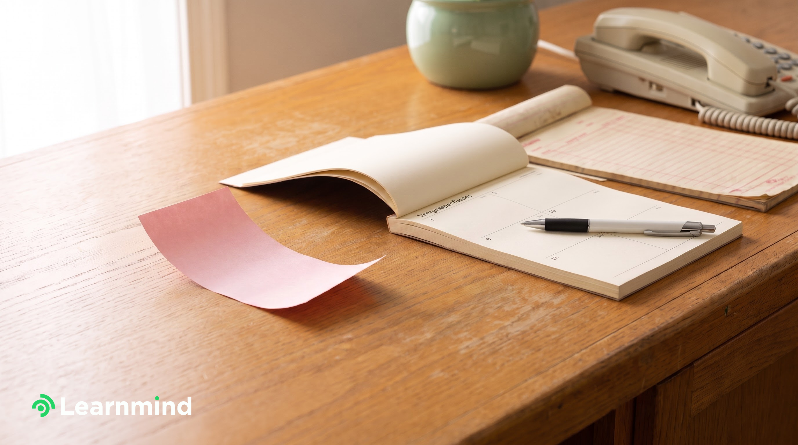 Torn message pad beside open desk calendar with pen, warm wood counter, daylight